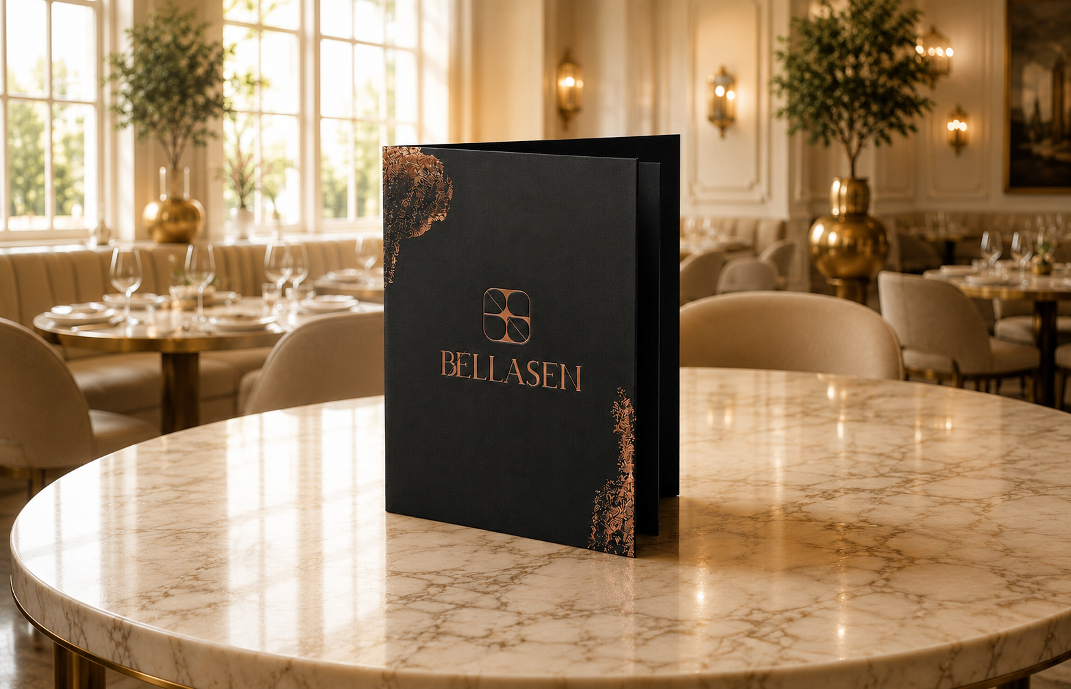 Bellasen menu folio standing on a marble table in a fine dining restaurant